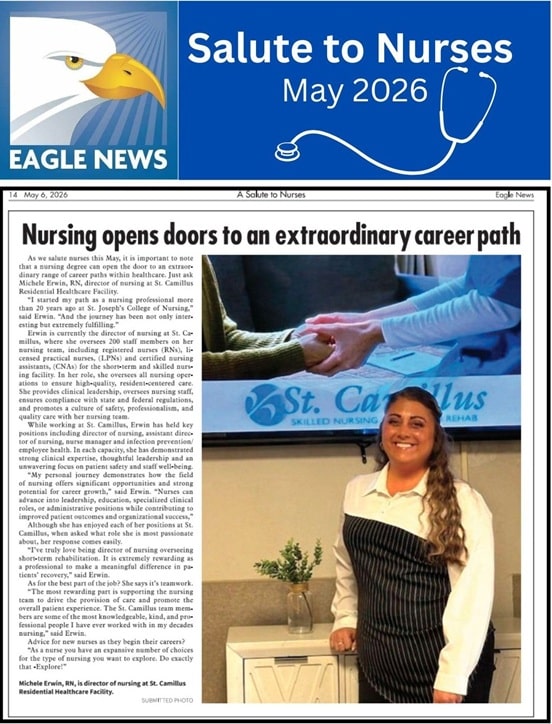 Newspaper clipping about nursing as a career path, showing a handshake photo and a smiling nurse in front of St. Camillus facility, with an Eagle News banner above.