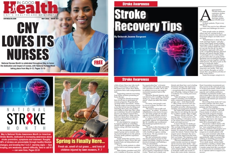 Collage of two newspaper pages: left shows nurses and the headline 'CNY LOVES ITS NURSES'; right features a 'Stroke Recovery Tips' article with a blue brain graphic.